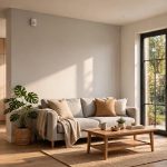 wide shot of a modern living room with a small white carbon monoxide detector mounted high on the wall near the ceiling, warm