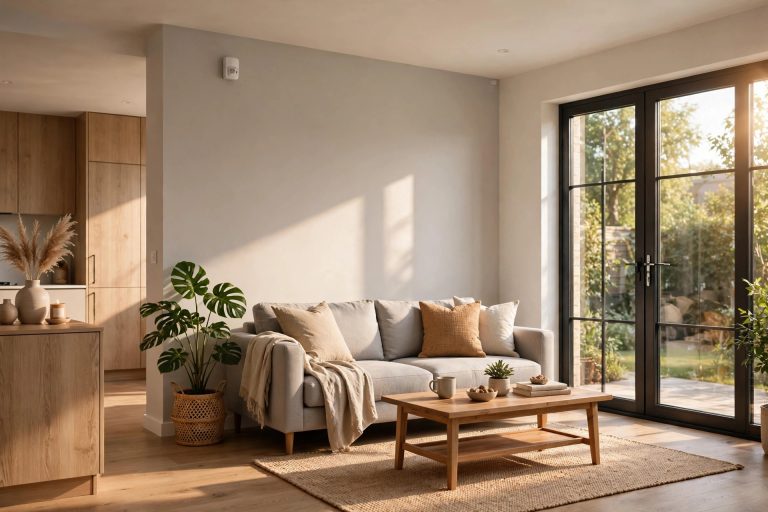 wide shot of a modern living room with a small white carbon monoxide detector mounted high on the wall near the ceiling, warm