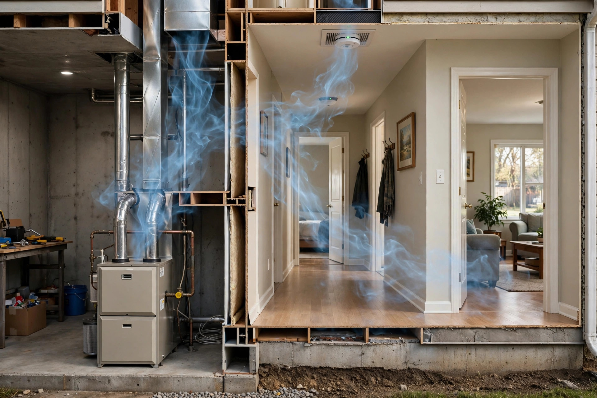 cutaway illustration of a home interior showing invisible gas drifting from a furnace toward a hallway detector, subtle blue 