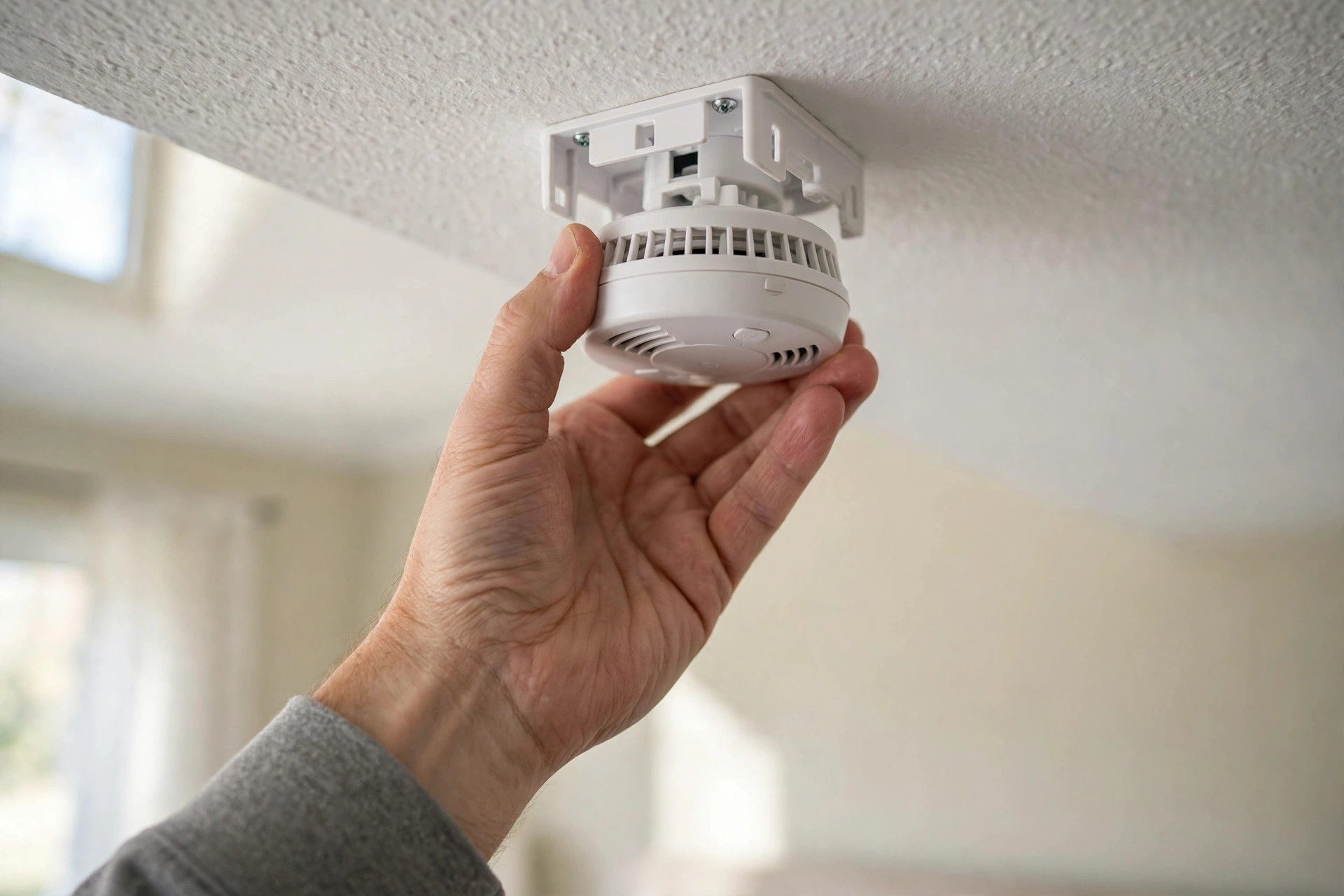 Close-up of a person's hand installing a white smoke detector on a bedroom ceiling using a mounting bracket, daylight