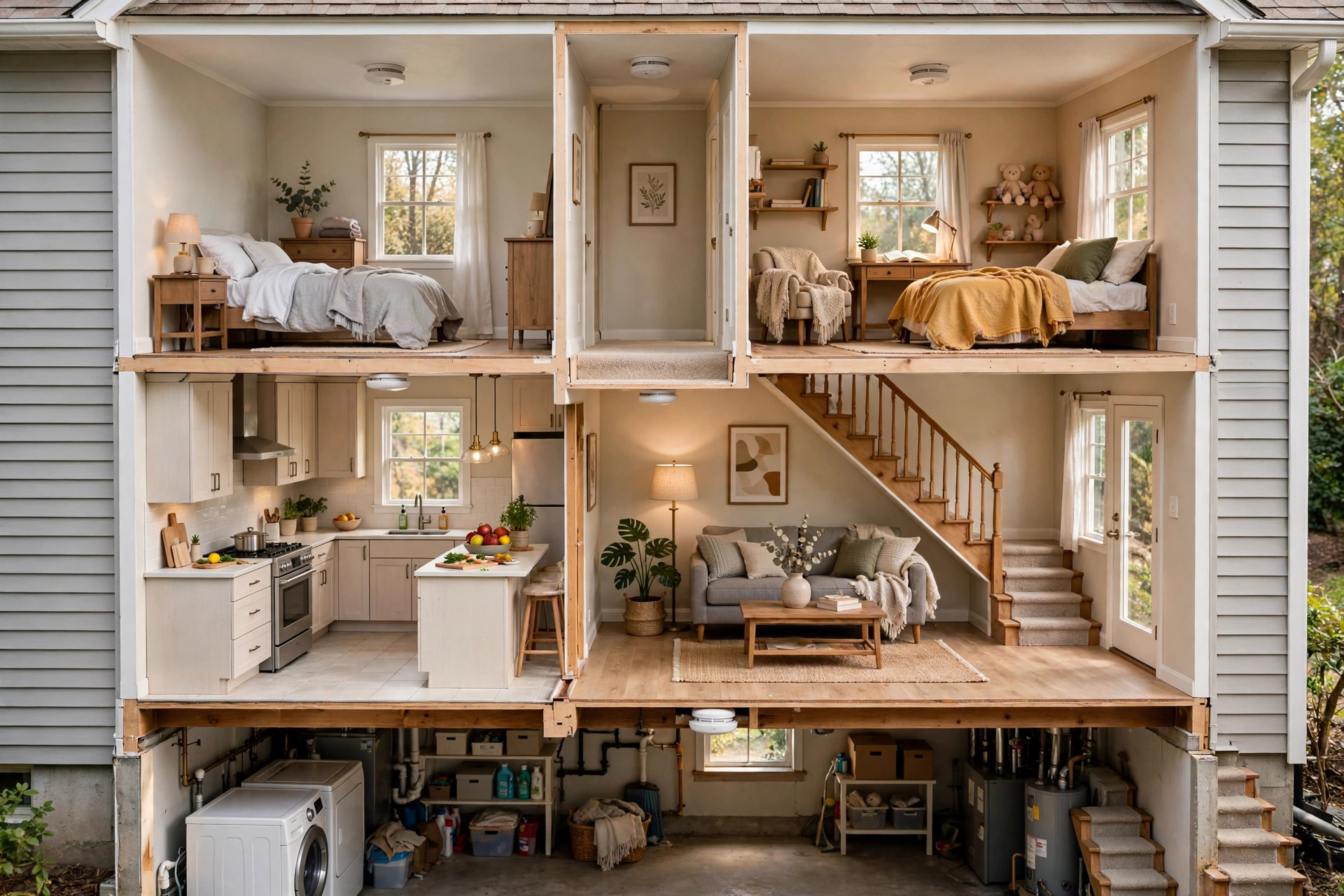 dollhouse-style cutaway view of a two-story home showing detectors placed in bedrooms, hallway, kitchen and basement