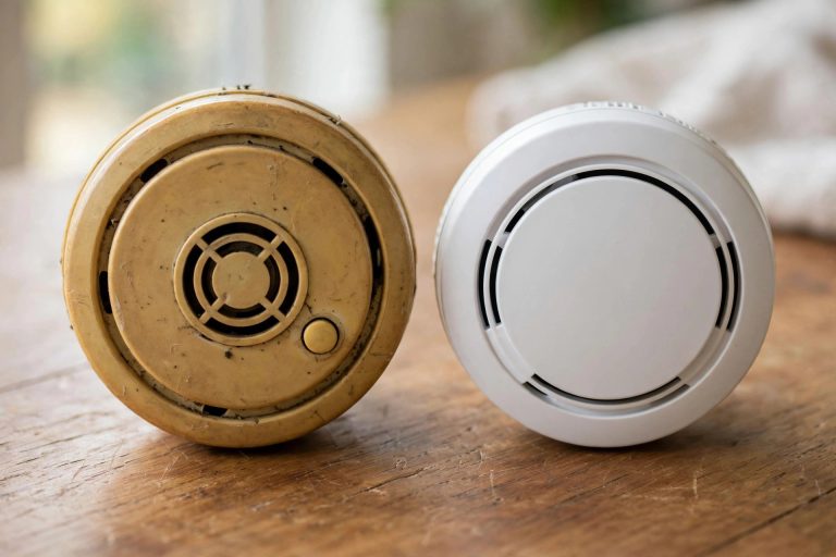 photo of an old yellowed smoke detector next to a brand-new white one on a wooden table, side-by-side comparison, soft daylig