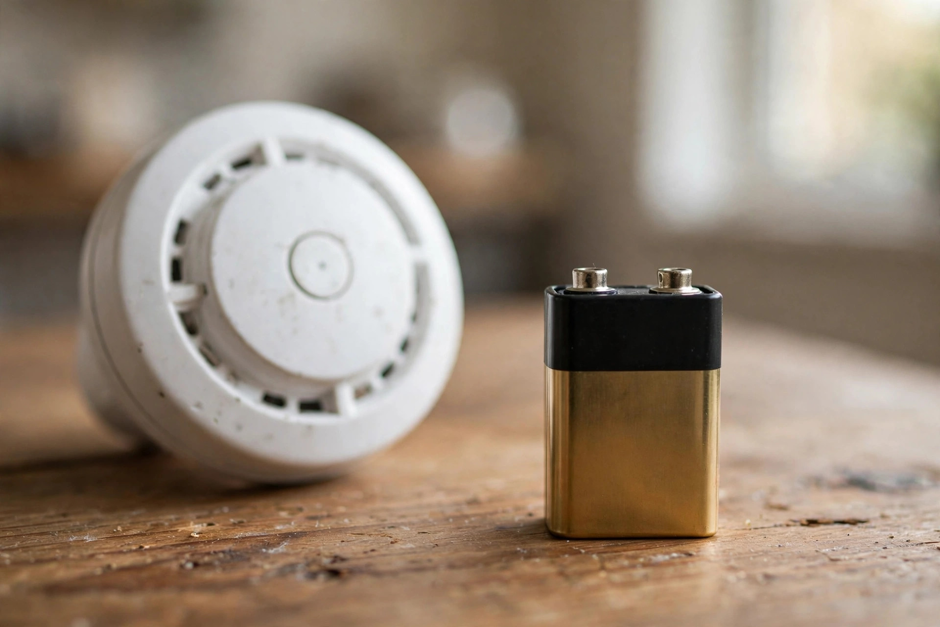 still life of a smoke detector with a 9-volt battery beside it on a table, shallow depth of field