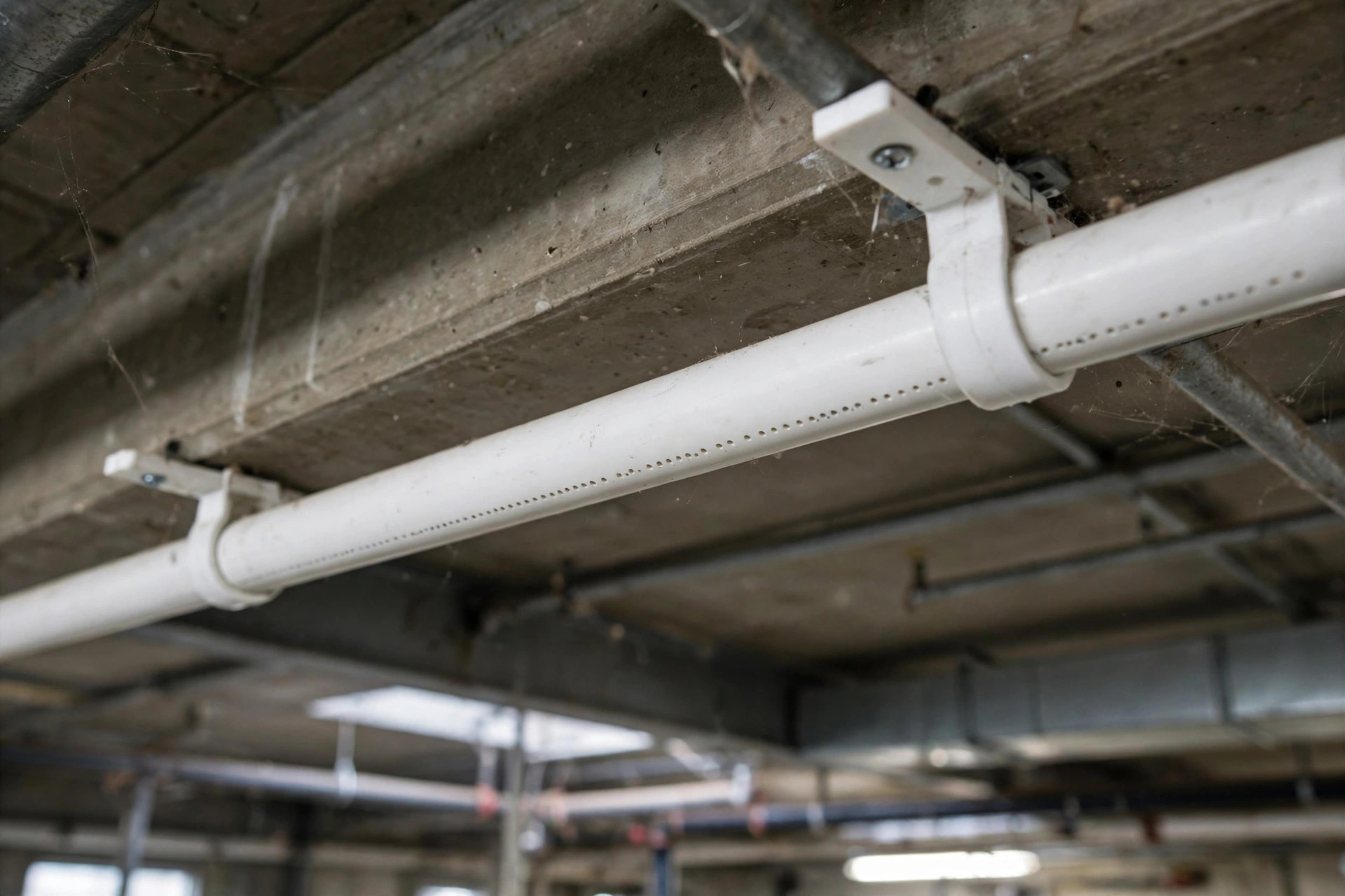 Close-up of a small white air-sampling pipe with tiny holes mounted on a warehouse ceiling, industrial setting
