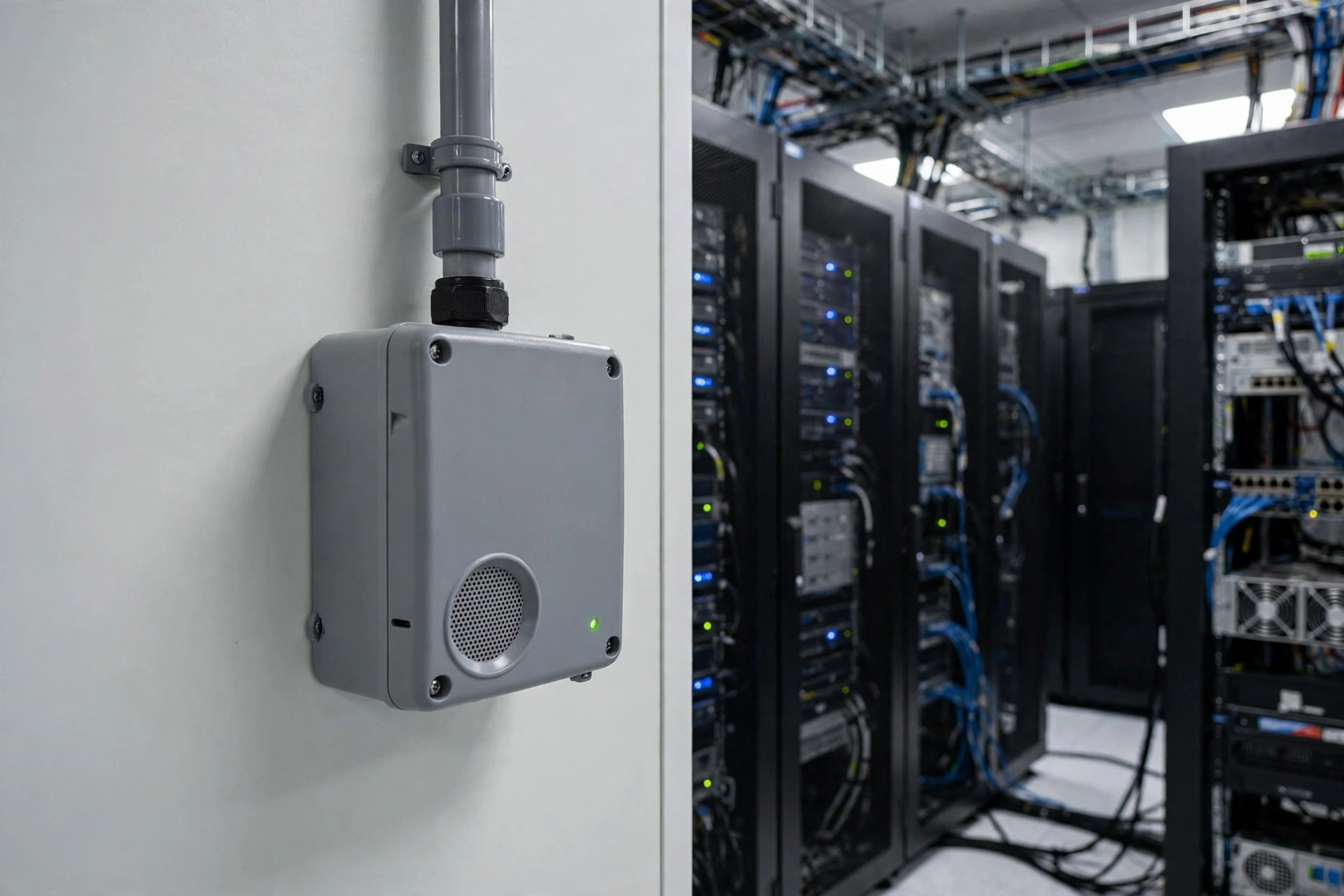 compact aspirating smoke detection unit box mounted on a wall with a pipe entering it, server room background