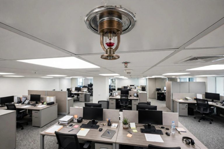 office ceiling with a fire sprinkler head in the foreground and desks below, bright interior lighting