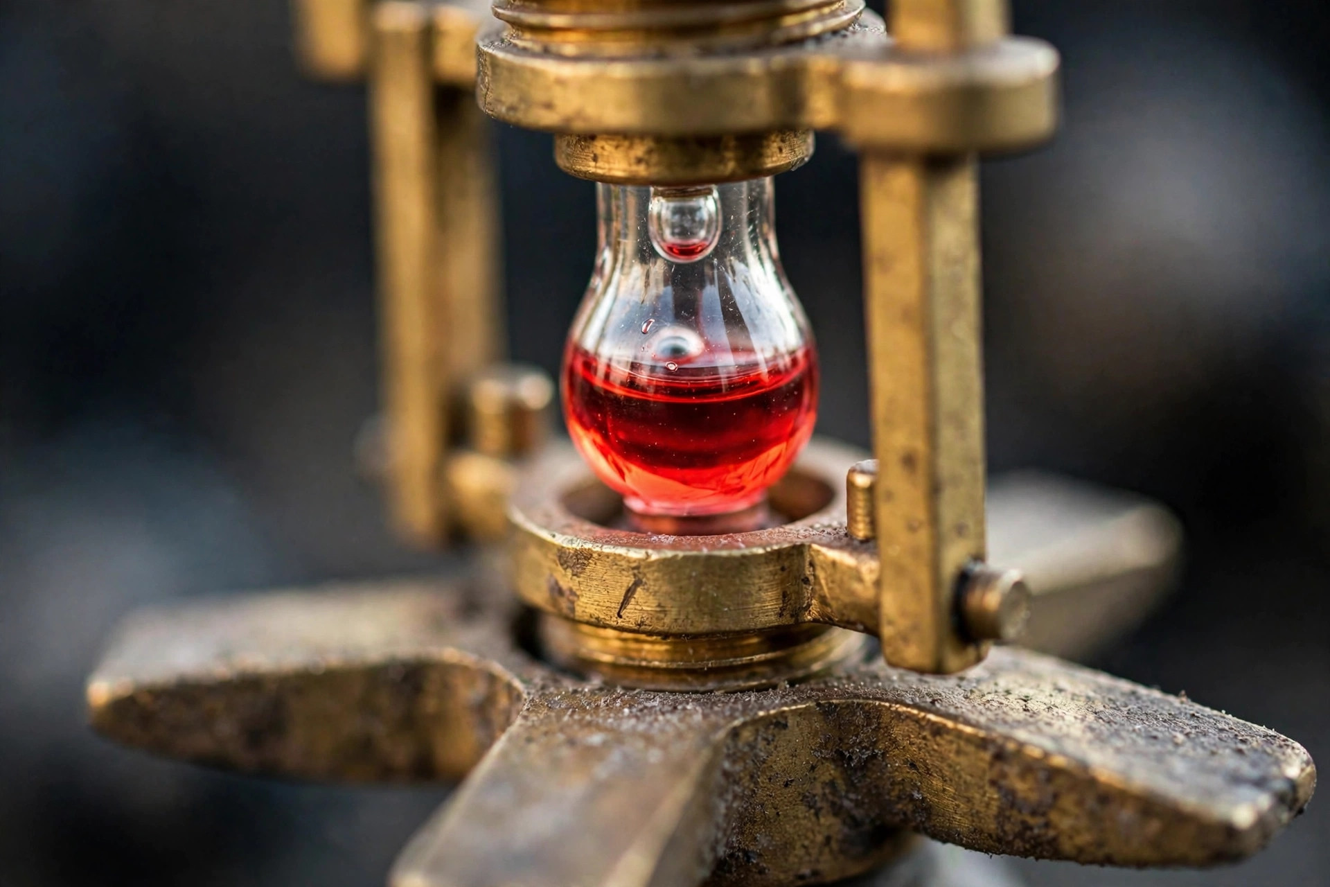 Extreme close-up of a brass fire sprinkler head showing the glass bulb element, shallow depth of field