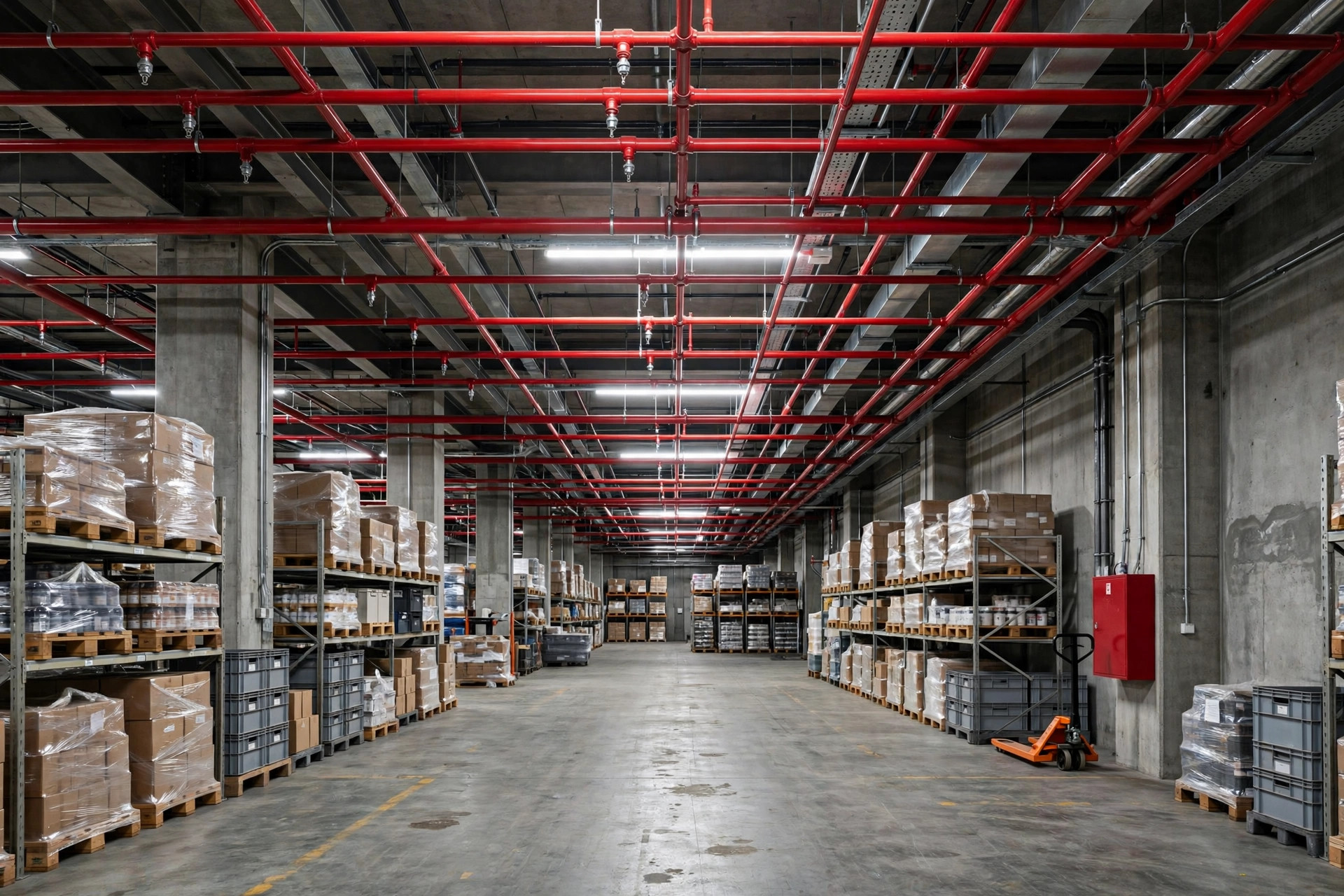 warehouse interior with red pipes and sprinkler heads running across the ceiling, industrial