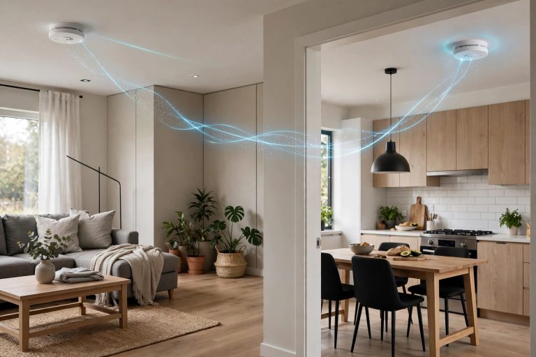modern home interior with two smoke detectors visible in different rooms connected by a subtle glowing line effect suggesting