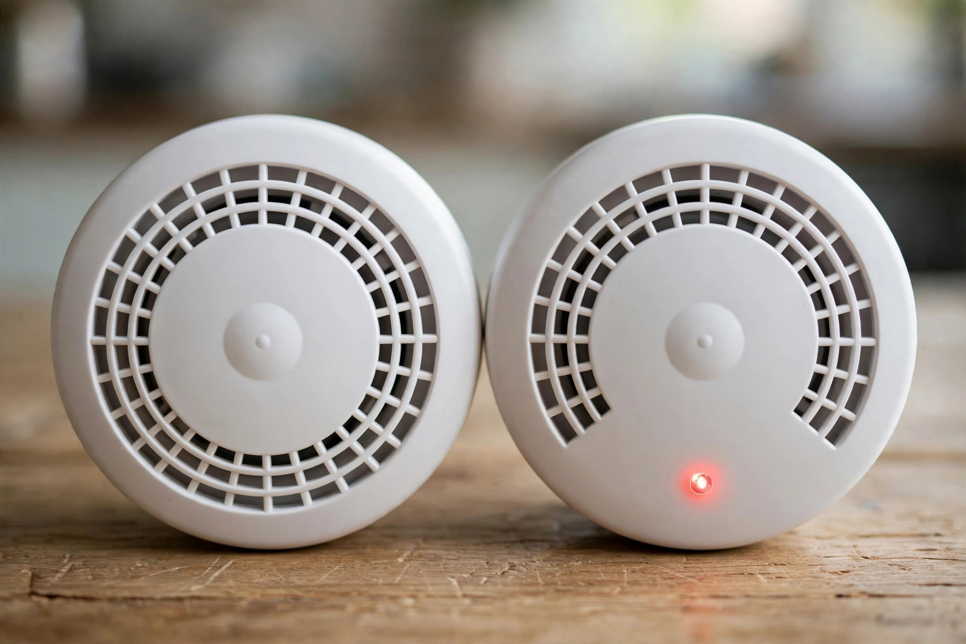 Close-up of two white smoke alarms side by side on a table, one with a small glowing signal indicator light