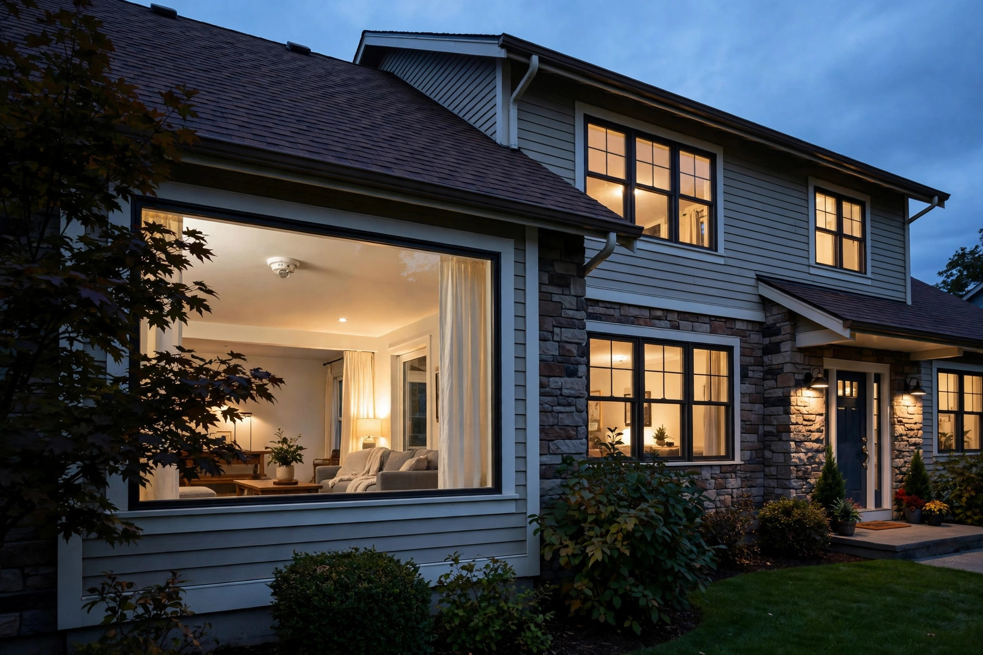 family home at dusk with warm lights in windows and a smoke detector visible on the living room ceiling through the window