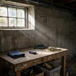 basement interior with concrete walls and a small radon test device on a table, soft window light