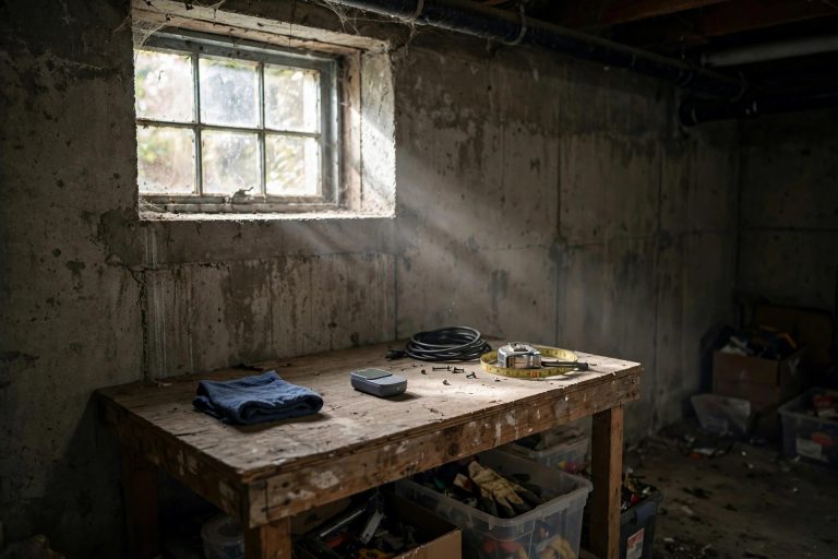 basement interior with concrete walls and a small radon test device on a table, soft window light