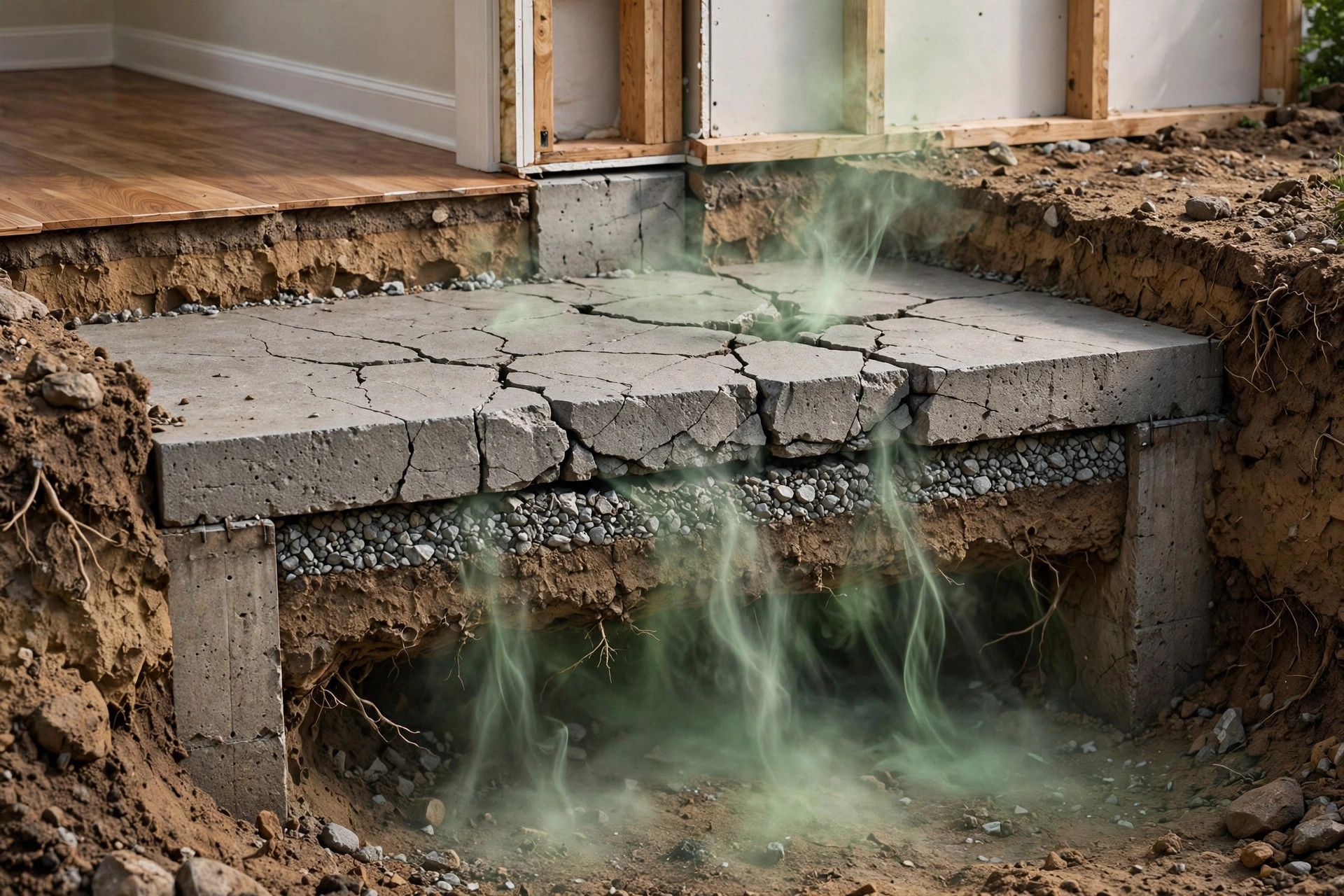 cutaway illustration of a house foundation showing invisible radon gas seeping up through cracks in the concrete slab, subtle