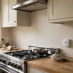 kitchen interior with a gas stove and a small gas detector device mounted on the wall nearby, daylight