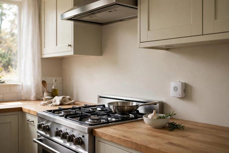 kitchen interior with a gas stove and a small gas detector device mounted on the wall nearby, daylight