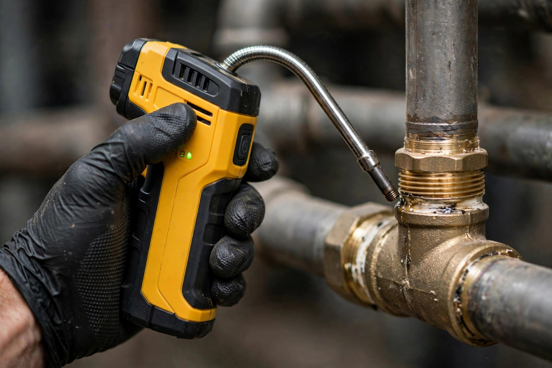 Close-up of a handheld combustible gas leak detector probe near a gas pipe joint, technician's gloved hand