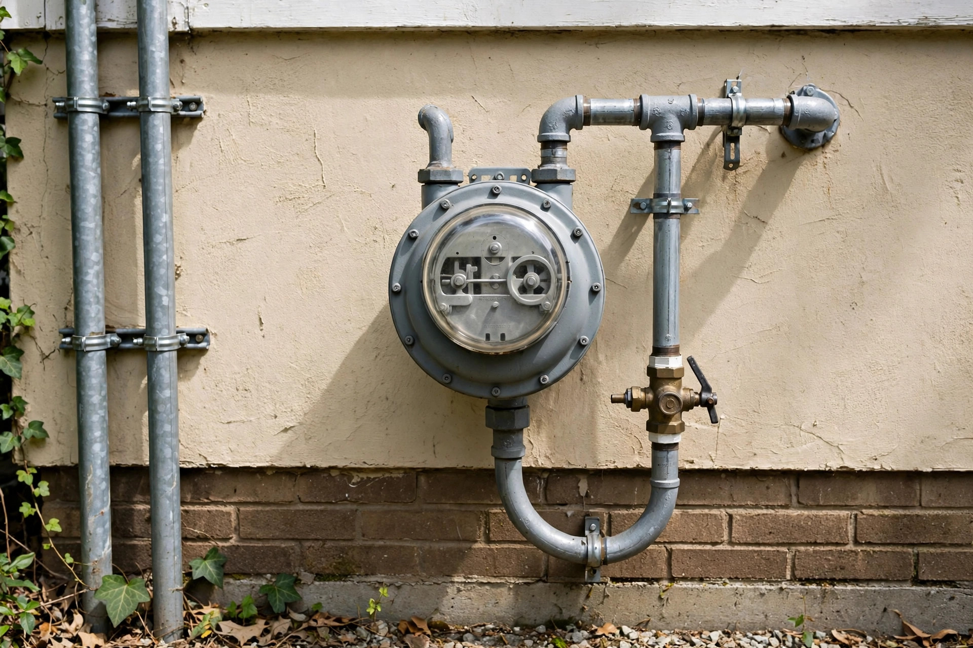 gas utility meter on the exterior wall of a house with pipes, daytime